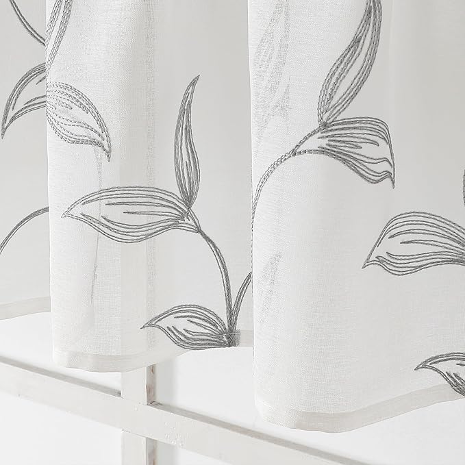 VISIONTEX Sheer Voile Curtain Valances, Decorative Leaves Embroidered, Rod Pocket Window Treatment for Kitchen/Rustic Bedroom/Living Room (54 x 16 Inch,1 Panel)