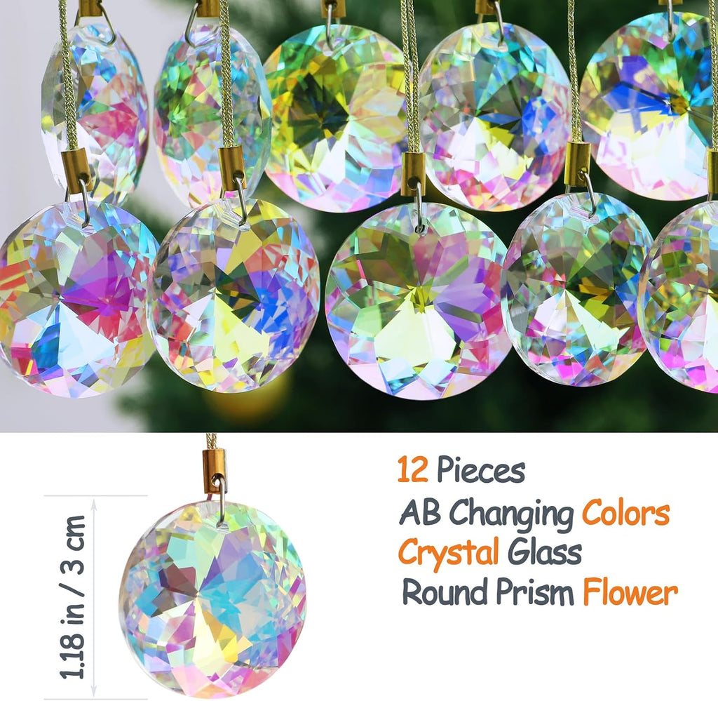 12 Pcs Crystal Glass Christmas Balls Ornaments, 1.18″ Mini Round Prism Flower Xmas Tree Decorations, Hanging Ornament for Wedding Party Home Decor (Crystal AB)