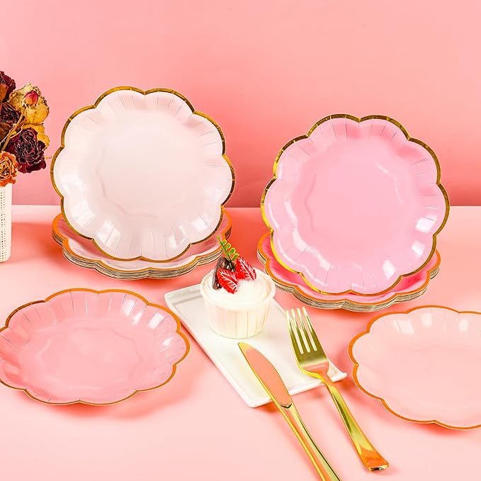 Pink Party Plates Gradient Pink Dessert Paper Plates 7inch Gold Foil Scalloped Edge Disposable Cake Plates for Tea Party Birthday Bridal Baby Shower Wedding Party Supplies (24)