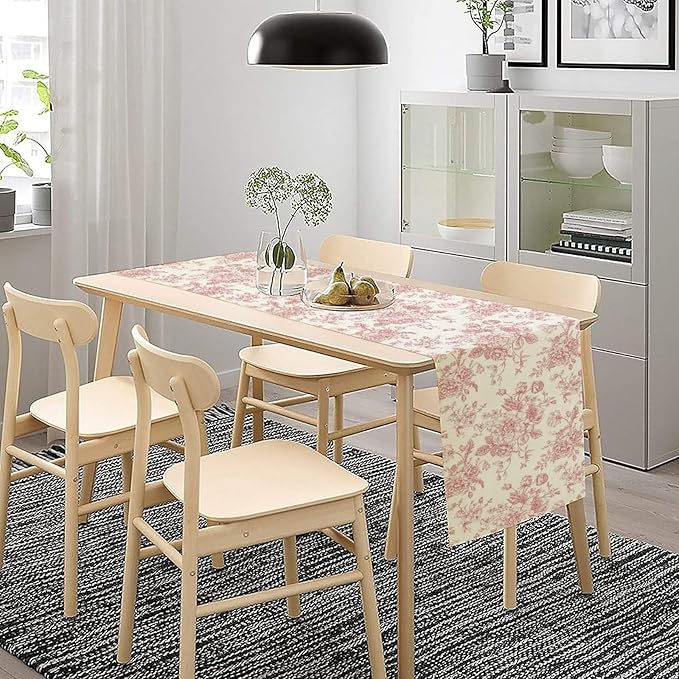 Pink White Flower Table Runner, Wildfloral Floral Sketch Pattern Print Kitchen Dinning Table Runner for Indoor Outdoor Home Wedding Party Holiday, 13x108 Inch