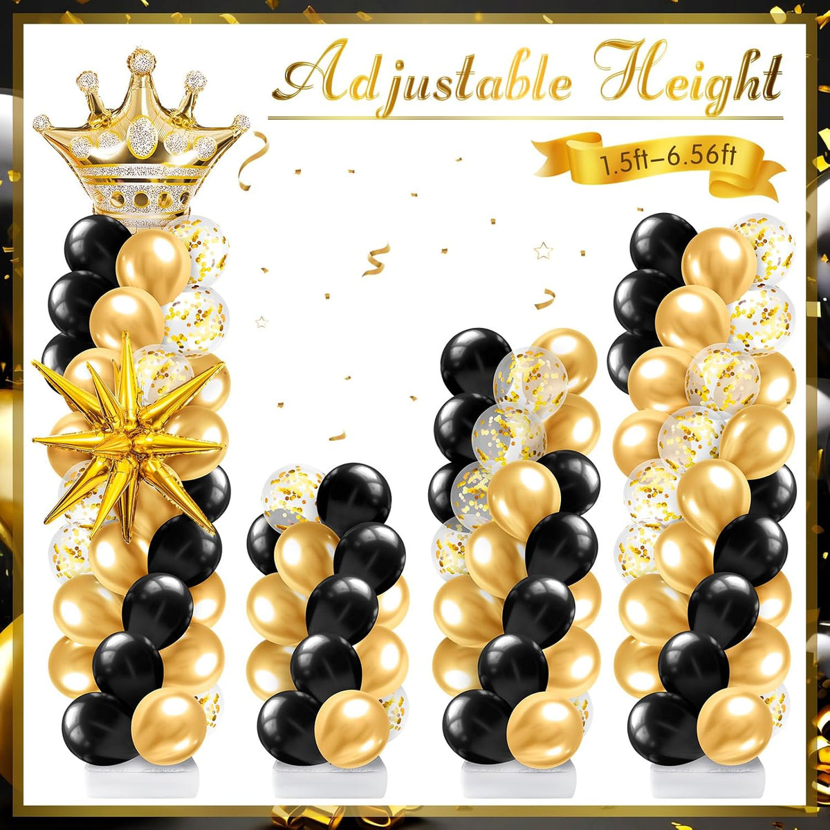2 sets black and gold balloon column stand showing dimensions
