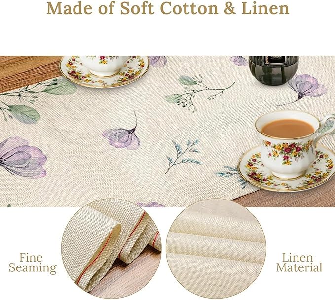 Poppy Flower Table Runner, Watercolor Purple Floral Leaves Seasonal Spring Summer Table Runner for Kitchen Dinning Table Runner Decor Home Wedding Party Holiday, 13x70 Inch