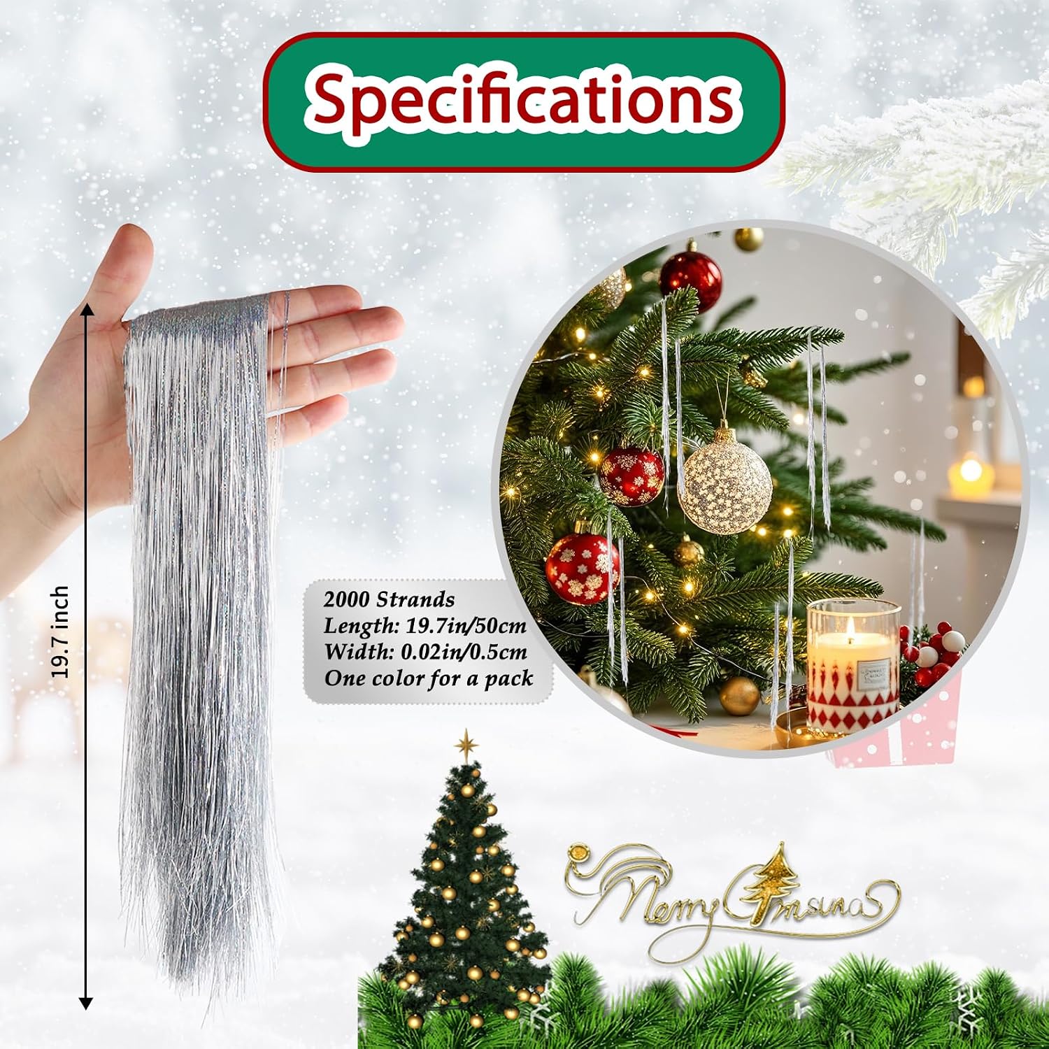 2000 Strands Glittering Silver Christmas Tinsel Icicles 19.7" Iridescent Hanging Foil Icicle for Xmas Tree Wedding Home and Party Decoration