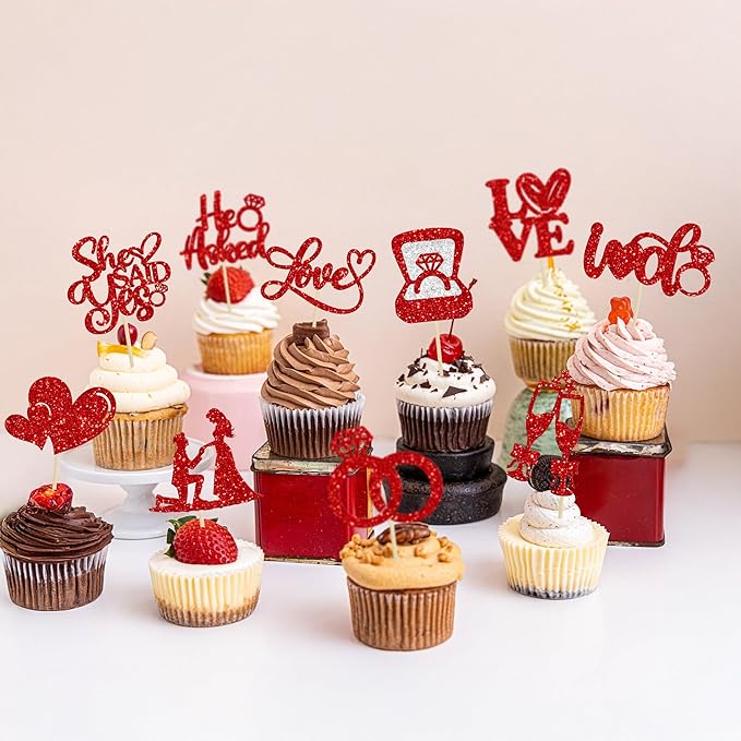 Ephlyn 30Pcs He Asked She Said Yes Cupcake Toppers Glitter Engagement Cupcake Toppers Diamond Ring Heart Love I Do Cupcake Picks for Engagement Wedding Party Cake Decorations Red
