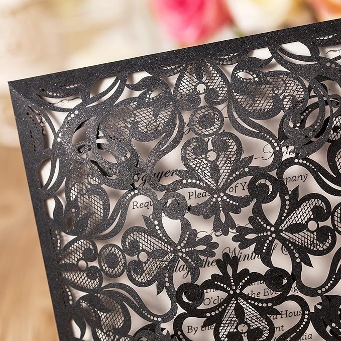 Hosmsua 50PCS Personalized Black Laser Cut Hollow Lace Rose Invitation Cards with Envelopes 6.3 x 6.3 Inch Wedding Invitations for Engagement Wedding Invite (Customized Printed)