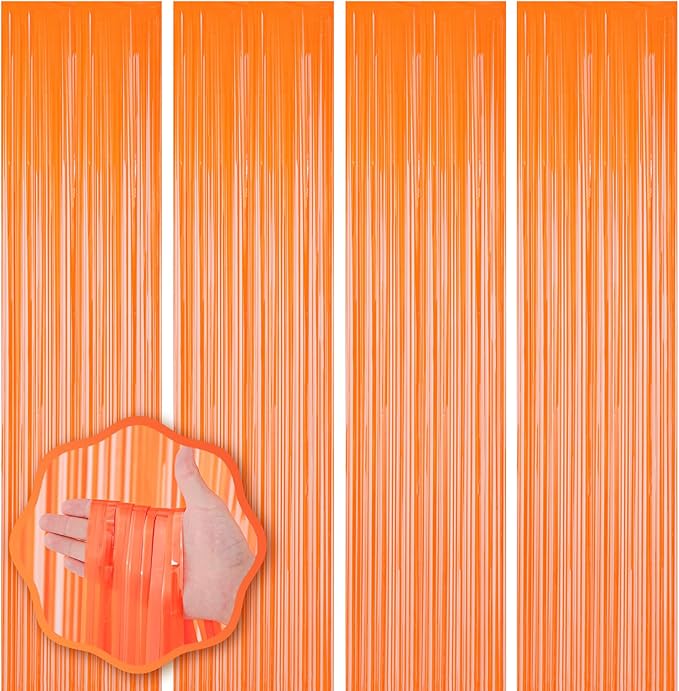 4 Pack Orange Foil Fringe Backdrop Curtains, Tinsel Streamers Birthday Party Decorations, Fringe Backdrop for Graduation, Baby Shower, Gender Reveal, Disco Party