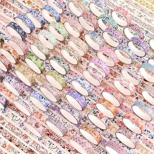 60 Rolls Flowers Theme Washi Tape Set with Different Colorful Patterns, Writable Decorative Tapes for Scrapbooking, Bible Journaling, Bullet Journaling, 0.39'' x 79'' per Roll
