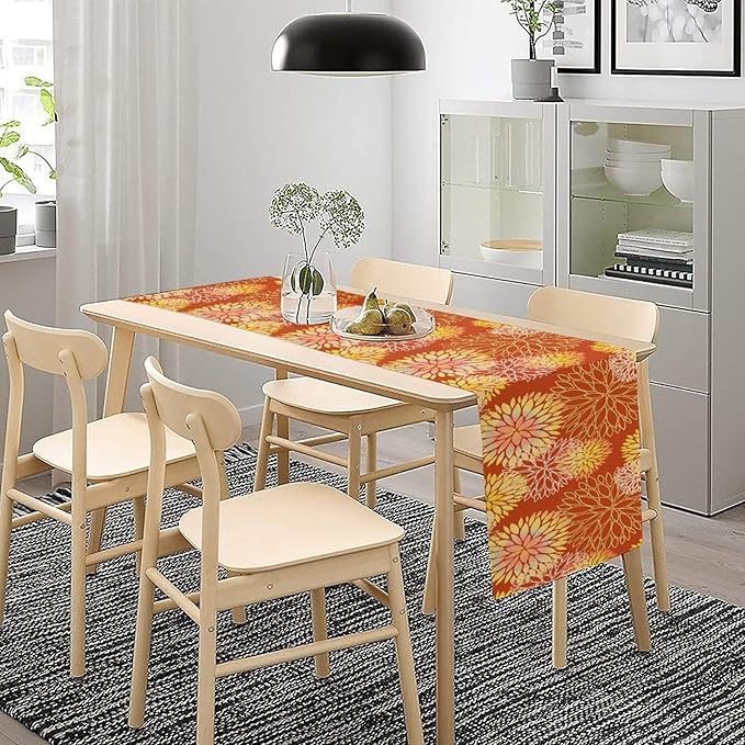 Yellow Floral Table Runner, Chrysanthemum Autumn Spring Summer Vintage Modern Linen Geometric Table Runner for Kitchen Living Room Bedroom Party Holiday, 13x90 Inch