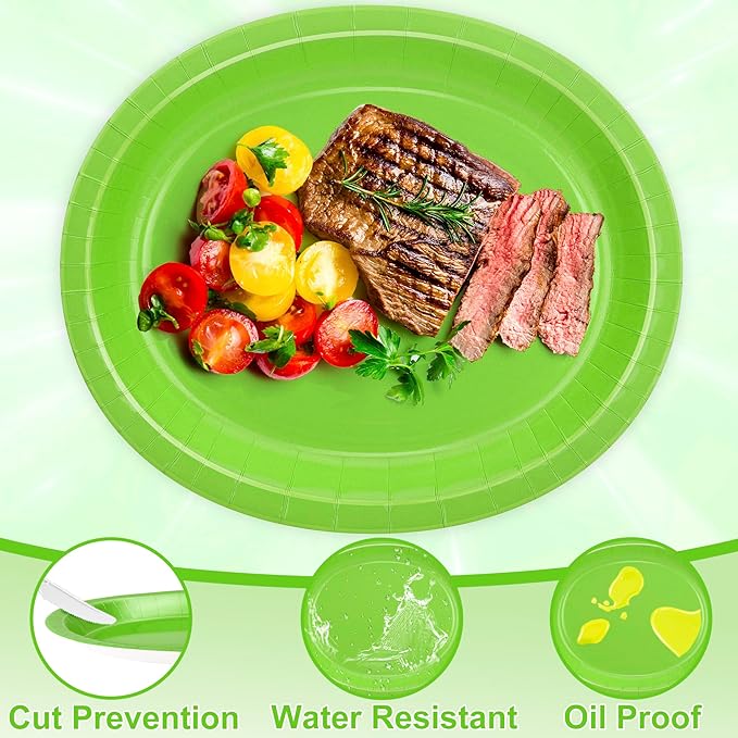 QZYL 50 Pcs Party Decorations, 12.2'' X 10.2'' Oval Large Paper Plates, Lime Green Disposable Paper Plate Heavy Duty Daily Dinner Plates for Birthday Party Wedding Picnic Holiday