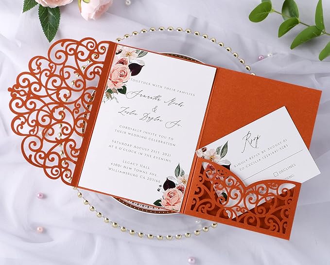 PONATIA 20 PCS Laser Cut Invitations Pockets, Terracotta Wedding Invitations with Envelopes for Wedding Party Bridal Shower Engagement Birthday Invite,Autumn Wedding Invitations