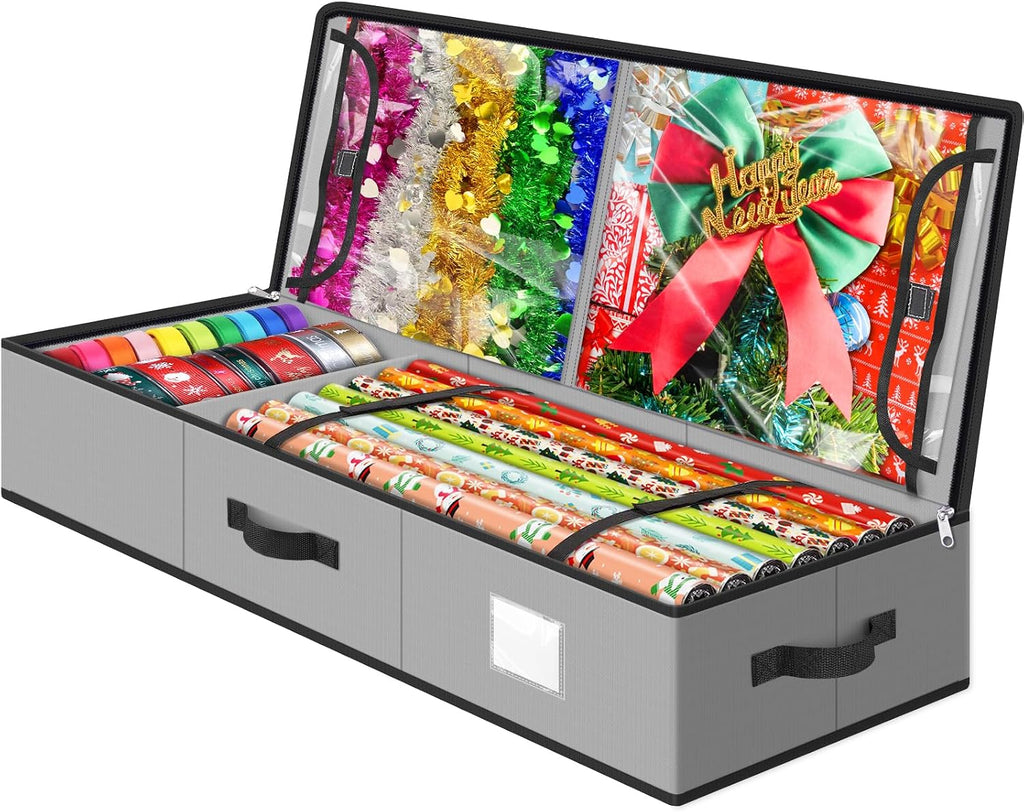 BlessedSeason Wrapping Paper Storage Organizer for 40 Inch Christmas Gifts Wrapping Paper, 2 Visible Supplies Pockets for Holiday Accessories, Christmas Decoration Storage Containers, Grey