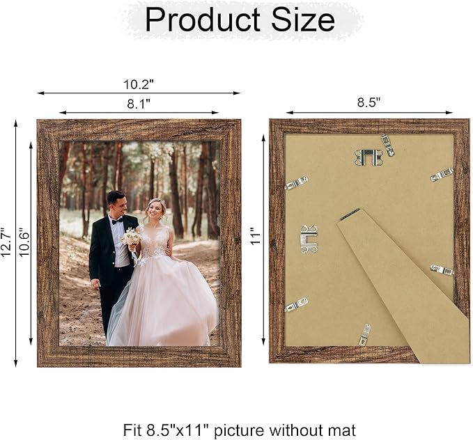 8.5x11 Picture Frame Set of 4, High Definition Real Glass Rustic Frame, Wood Photo Frames 8.5 by 11 Diploma Document for Wall Hanging and Tabletop Display