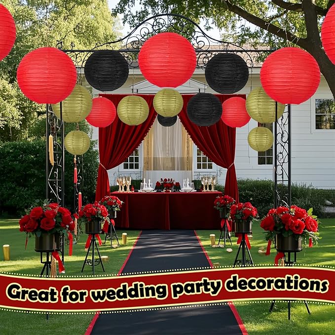 12Pcs Round Paper Lanterns Assorted Sizes (6" 8" 10" 12") for Home Decor, Wedding, Birthday, Hibachi Party, Casino Theme Party Decorations, Hanging Chinese Japanese Paper Lamps (Black Red Gold)