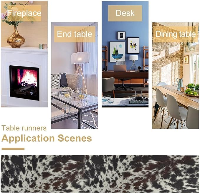 Cow Print Table Runner, Country Farm Animal Fur Skin Pattern Western Style Black Brown Cowhide Print Dinner Runner for Home Kitchen Dining Home Setting, 13x70 Inch