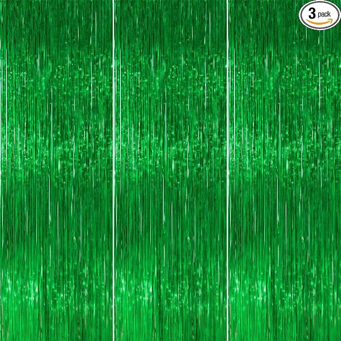 PartyWoo Green Streamers Backdrop 3pcs Green Tinsel Foil Fringe Streamer Curtains 8.2 FT Curtains Photo Backdrop for Graduation Birthday Dinosaur Jungle Golf Football Theme Party Decorations