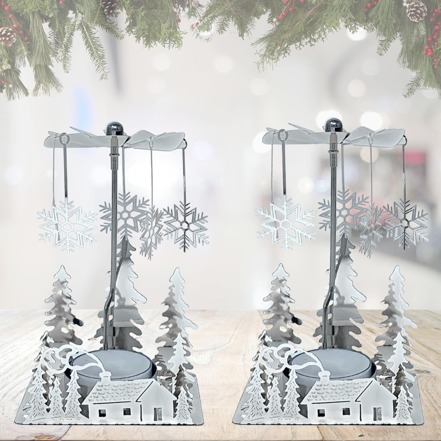 Winter Cabin Holiday Silver Candle Spinners Set of 2 – Silver Plated Laser Cut Christmas Cabin Scene Tea Light Candle Holders with Snowflake Charms – 5" Holiday Tabletop Décor