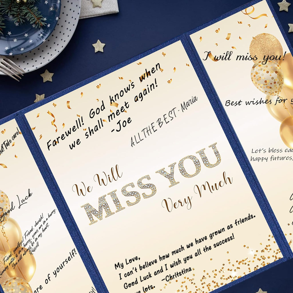 DARUNAXY Blue Gold Farewell Party Decorations, We Will Miss You Very Much Alternative Signature Guest Book for Men Women Going Away Gifts Signing Card Board for Retirement Graduation Party Supplies