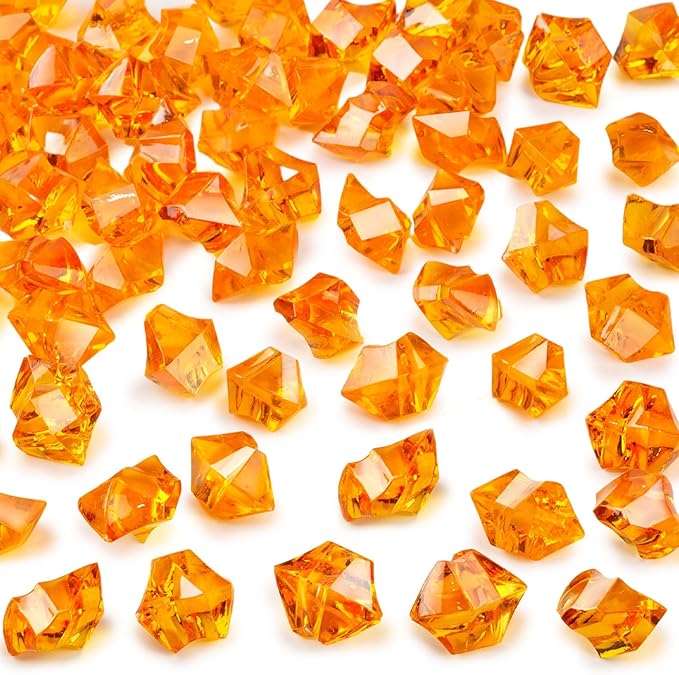 DomeStar Orange Fake Crushed 150 PCS Fake Diamonds Plastic Acrylic Clear Ice Rock Diamond Crystals Fake Ice Cubes Gems for Home Decoration Wedding Display Vase Fillers