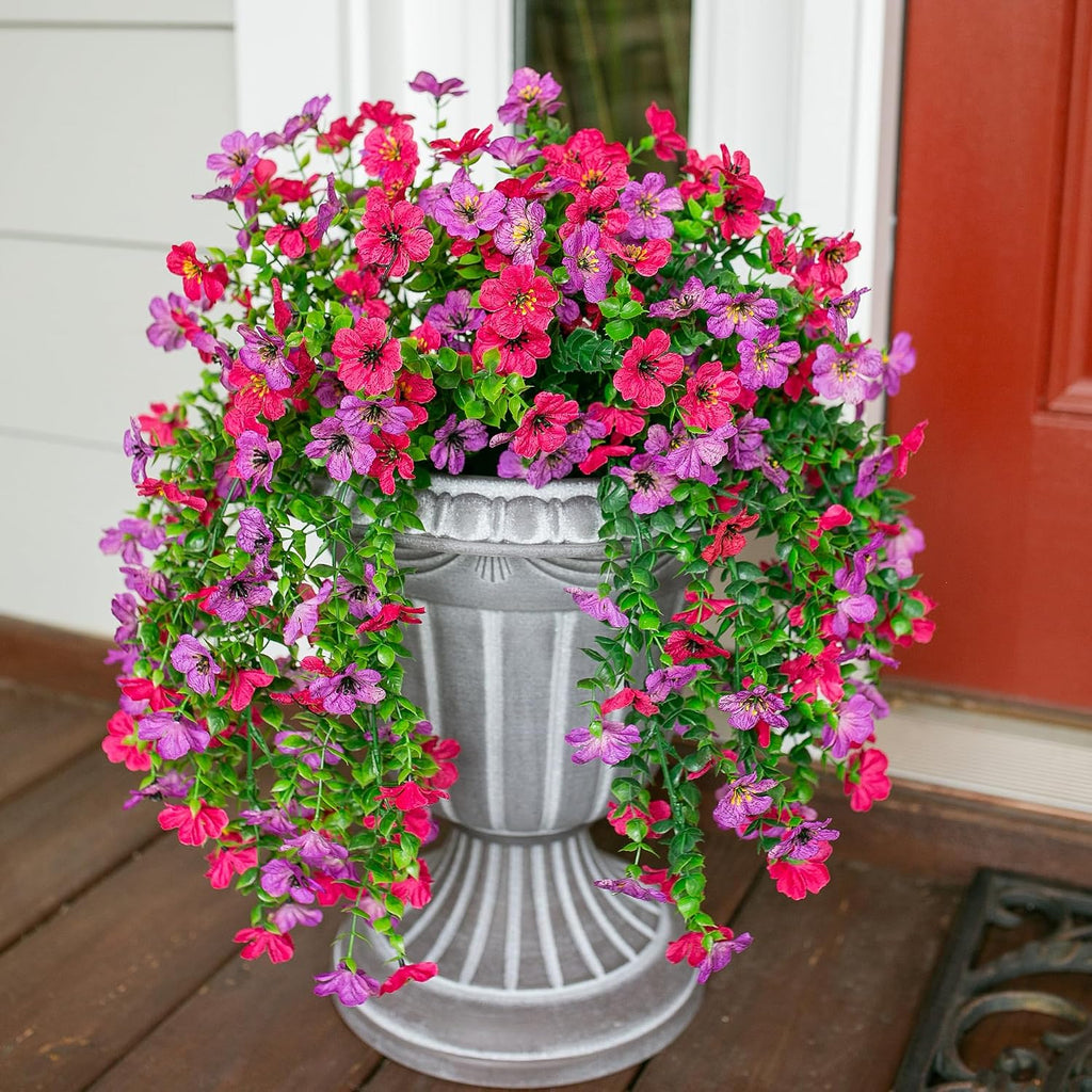 HyeFlora 2Pcs Fake Flowers Artificial Floral for Outdoors Decorations, Outside Flower Decor, UV Resistant Silk Flower for Front Porch Patio Garden(Purple and Hotpink)