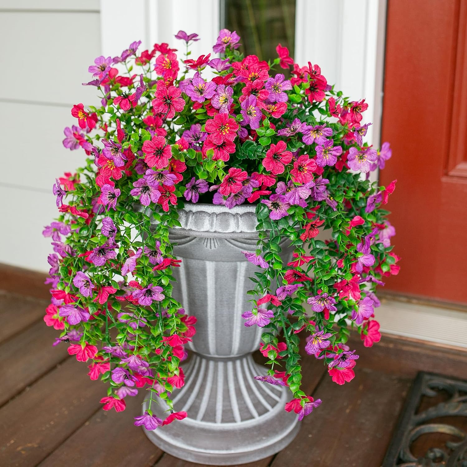HyeFlora 2Pcs Fake Flowers Artificial Floral for Outdoors Decorations, Outside Flower Decor, UV Resistant Silk Flower for Front Porch Patio Garden(Purple and Hotpink)