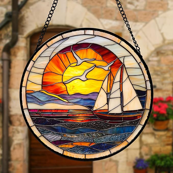 Stained Glass Window Hanging, Sun Ocean Sailboat Seagull Abstract Suncatcher Diamond Glass Panel Sun Catchers Decor for Birthday for Women, Men, Wife, Aunt, and Mom 7.8 in