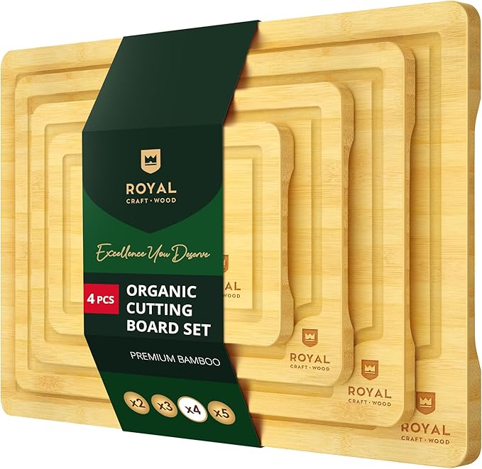ROYAL CRAFT WOOD Wooden Cutting Boards for Kitchen Meal Prep & Serving - Bamboo Wood Serving Board Set with Deep Juice Groove Side Handles - Charcuterie & Chopping Butcher Block for Meat