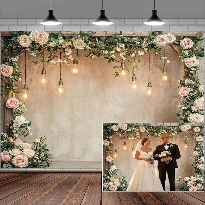 10x10ft Country Wedding Photography Backdrop Floral Rustic Roses Farmhouse Wooden Door Backdrop Pink Flower Birthday Baby Shower Wedding Bridal Party Banner Photo Booth Props Anniversary Background