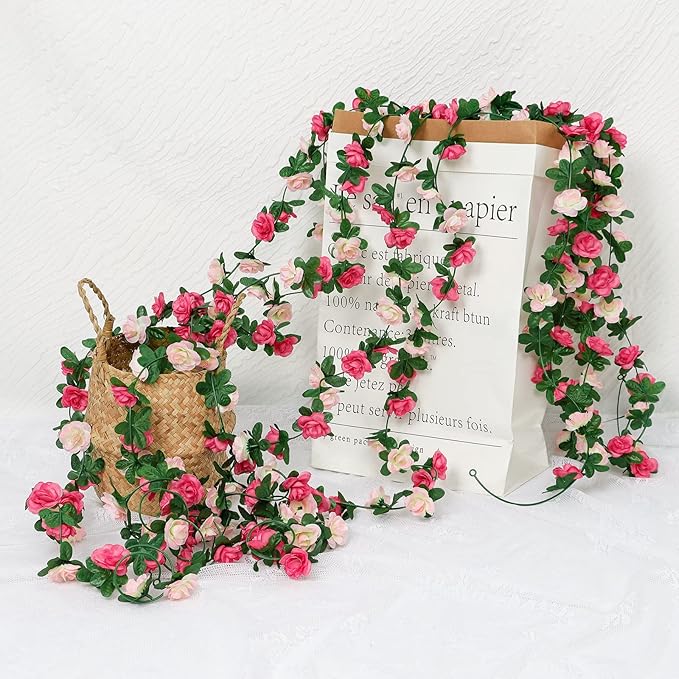 KHOYIME 18 Pack 144 FT Artificial Flower Garland, Fake Pink Roses Vines Silk Flowers Faux Plastic Outdoor Hanging Floral Ivy Garland Decoration for Wedding Arch Bedroom Home Wall Backdrop Room Decor