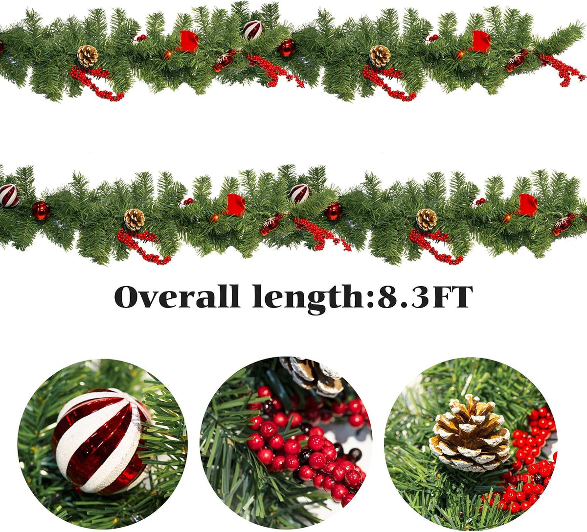 funpeny 9 ft artificial christmas garland, pre-lit 50, side view
