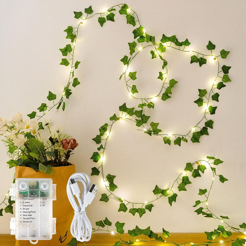 HEYFUNi 23ft Pre-Wrapped Ivy Vine Lights with 73 LEDs, USB or Battery Operated Artificial Greenery Garland for Bedroom Aesthetic, Dorm Room, Wedding Backdrop, Boho Wall Decor, Warm White