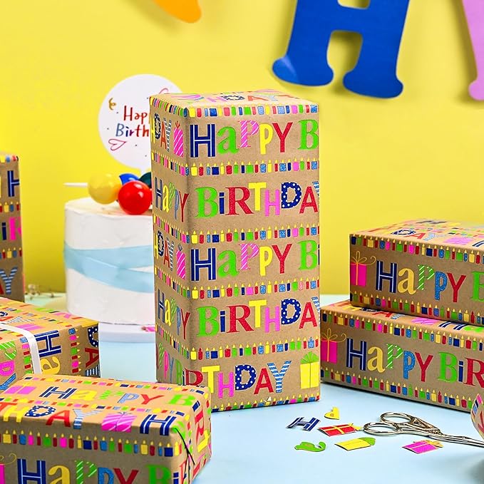 Yarcony Kraft Birthday Wrapping Paper Mini Roll, Gift Wrapping Paper, Heavyweight Brown Colorful Text Happy Birthday Gift Wrap Thick Paper for Present Packaging, Hioliday, All Age (17 Inch X 33 Feet)