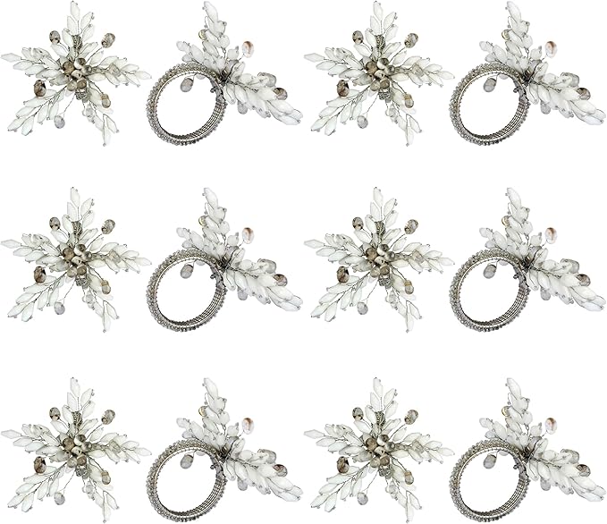 Napkin Rings Set of 12 for Dining Table Decoration Parties Everyday Metal Napkin Holder Leaf White (Pack of 12)