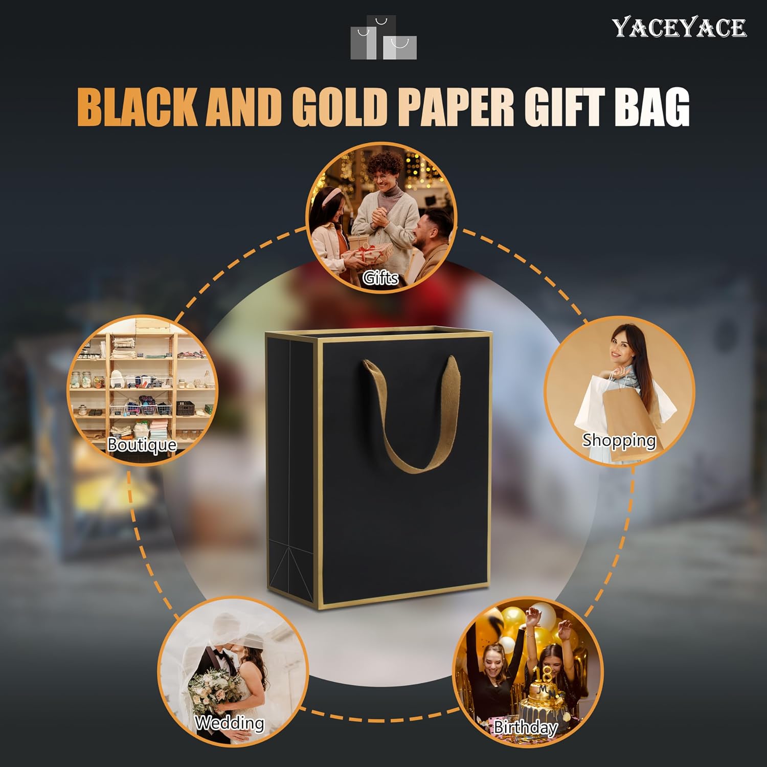 Medium Black and Gold Gift Bags With Handles - 10Pcs 8x4.25x10.5 Inch Bulk for Wedding, Party, Birthday, Retail