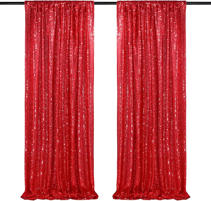 QueenDream Red Sequin Backdrop 2 Panels 2FTx8FT Christmas Party Backdrop Curtains Glitter Photo Background Wedding Stage Decorations