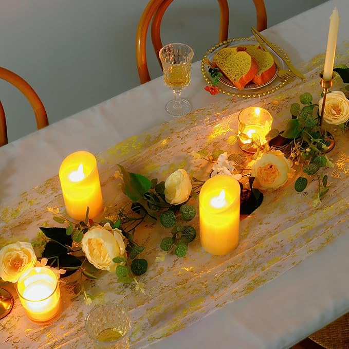 LOMOHOO 10 Ft Gold Table Runner, Golden Sheer Sequin Table Runners 120 Inches Long Glitter Metallic Foil Lace Fabric Table Decor for Birthday Party Wedding Anniversary Centerpiece (4pcs)