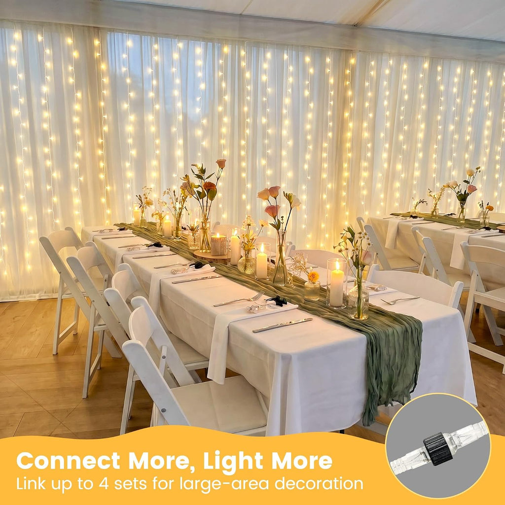 HEYFUNi 6.6FT x 6.6FT Warm White Curtain Lights Plug in, 200 LED | Window String Lights With Remote, 8 Modes, Timer, Memory, Connectable Fairy Lights for Bedroom, Wall, Wedding, Dorm Decor