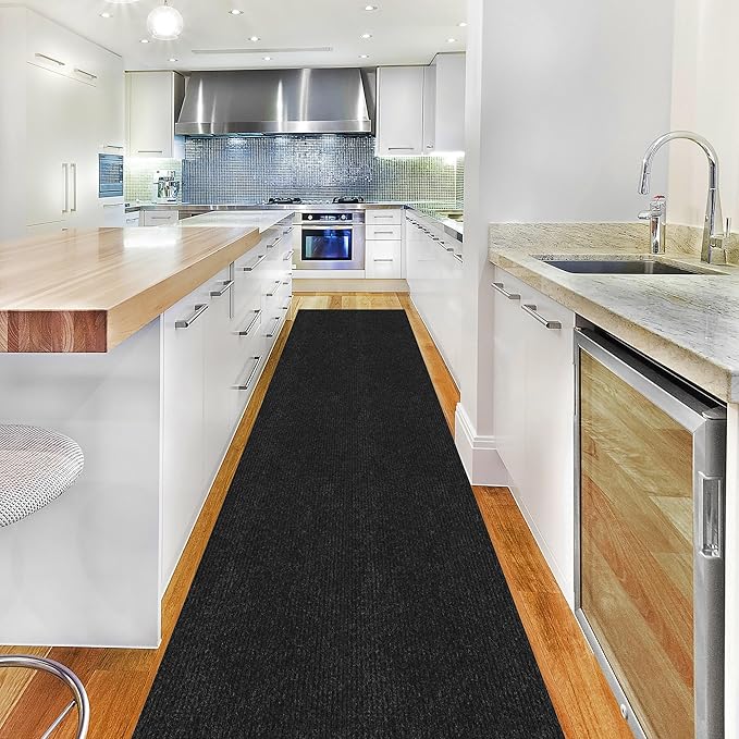 Ottomanson 2' x 25' Hallway Runner with Scraper Pile Extra Durable Non-Slip Rug Mat for Indoor & Outdoor Use - Ideal for Kitchen, Entryway, Patio & Garage - High-Traffic Carpet, Black