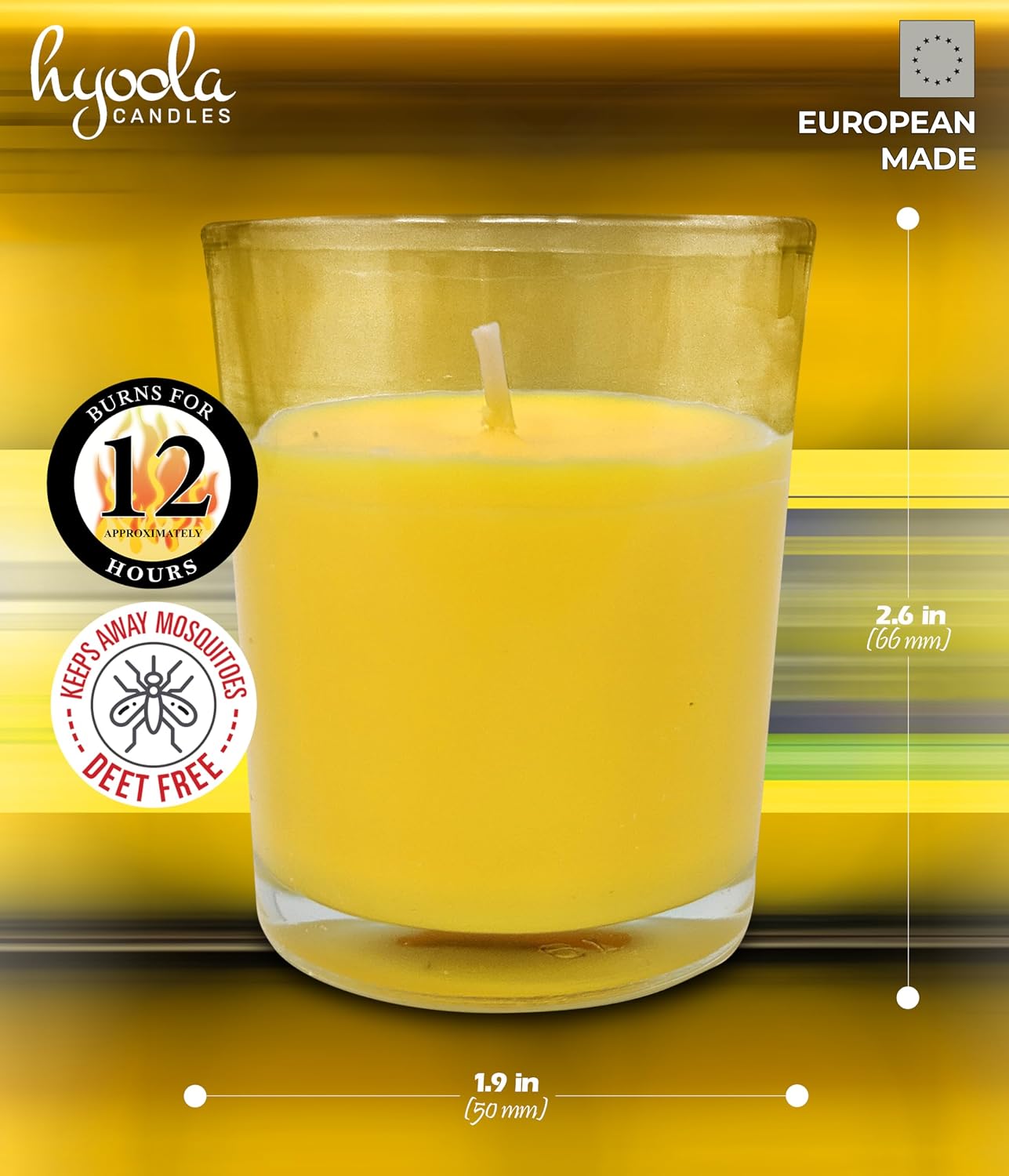 Hyoola Citronella Candle Votives in Glass Cup, Indoor and Outdoor Decorative and Mosquito, Insect and Bug Repellent Candle, Natural Fresh Scent, 12 Hour Burn Time, Made in Europe (Pack of 12)