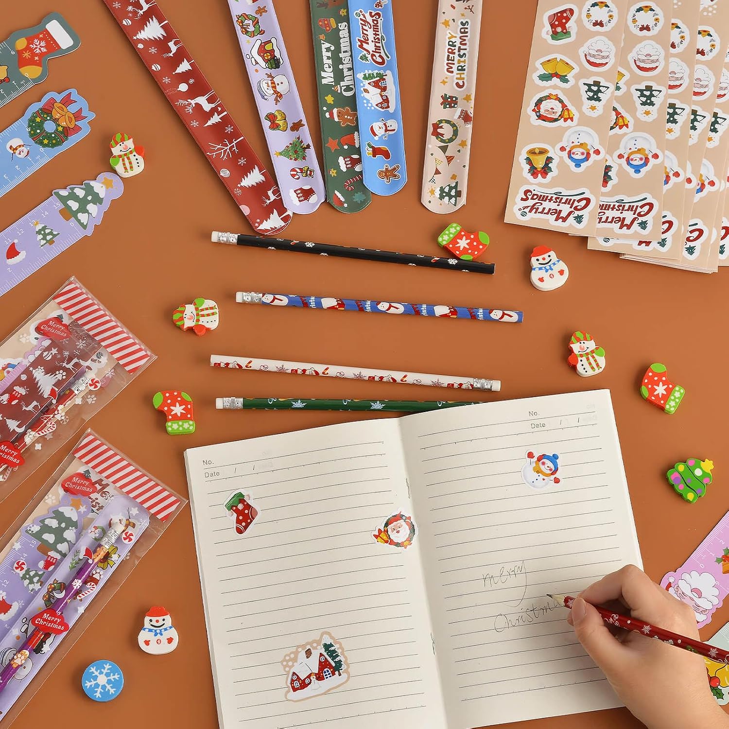Christmas Party Favors 24 Pack Stationery Set Bulk Goodie Bag Suffers Class Gifts Classroom School Holiday Treat for Students Stockings Pencils Rulers Erasers Stickers slap bracelets