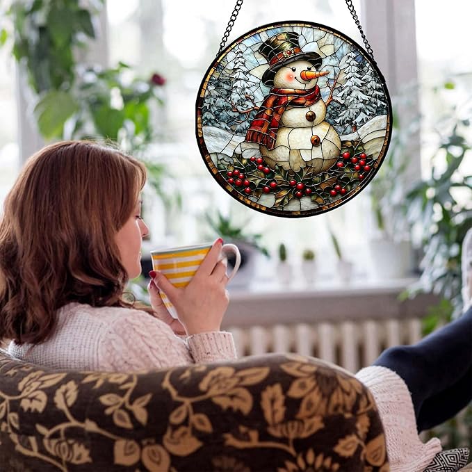 Stained Glass Window Hanging - Christmas Snowman Suncatcher for Door Terrace Garden Home Decor Winter Forest Snow Sun Catcher Birthday Gifts for Lovers Women Men Dad Mom Nana 15 in