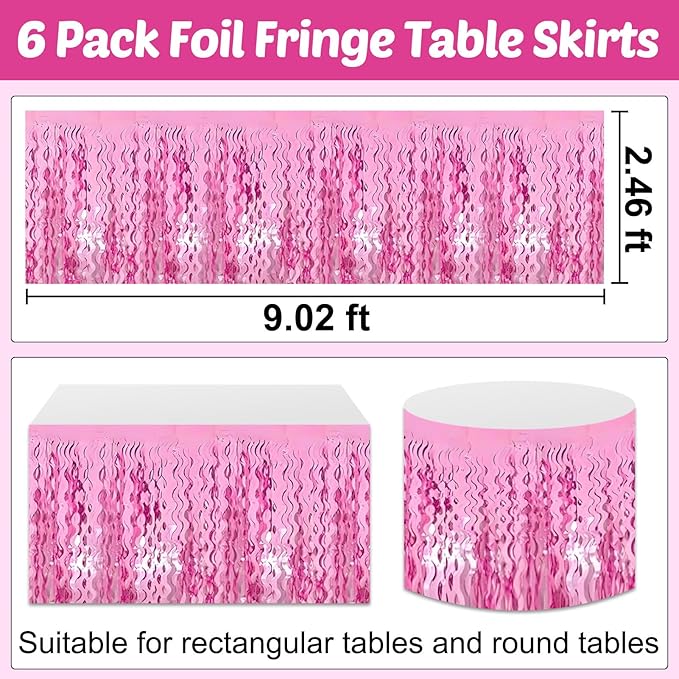 6 Pack 29x108 Inch Pink Wave Foil Fringe Table Skirts Metallic Banner for Tinsel Streamer Garland Backdrop for Parade Floats Wedding, Mother's Day, Birthday Mardi Gras Party Decorations