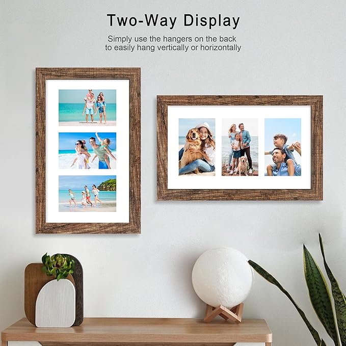 8x14 Picture Frame Set of 2, Rustic Brown Wood Frame with Glass Collage Frame, Display Pictures 3-4x6 With Mat or 8 x 14 Without Mat - Horizontal or Vertical Wall Mounting
