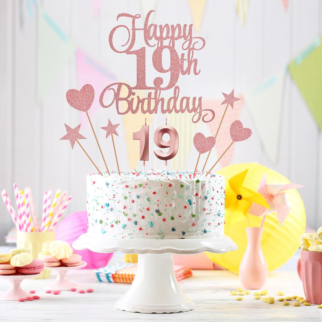 19th Birthday Cake Decorations, 19th Birthday Candles Cake Numeral Candles and Glitter Happy 19th Birthday Cake Toppers Set for Birthday Party Supplies (Rose Gold)