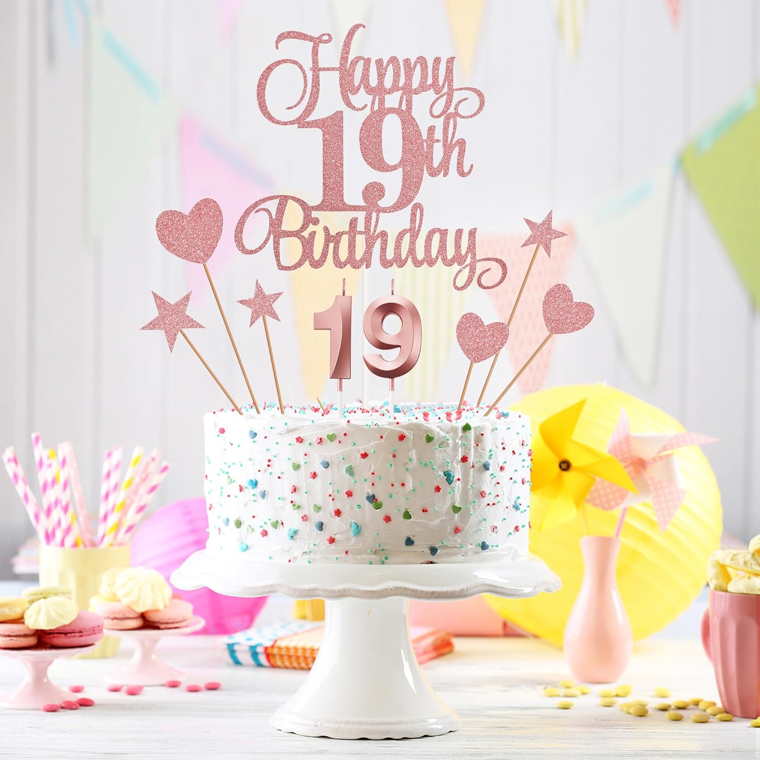19th Birthday Cake Decorations, 19th Birthday Candles Cake Numeral Candles and Glitter Happy 19th Birthday Cake Toppers Set for Birthday Party Supplies (Rose Gold)