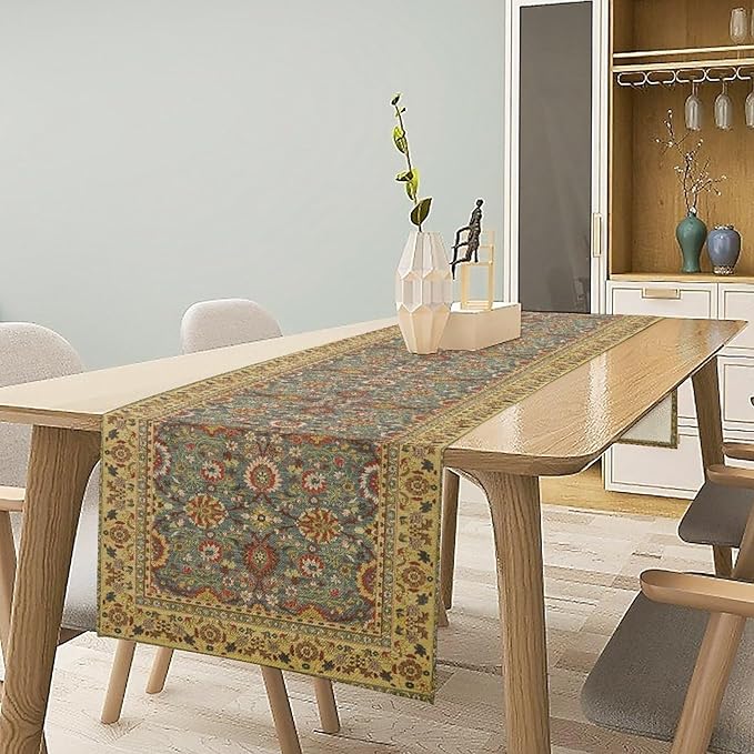 Boho Floral Vintage Beige Blue Table Runner, Retro Flower Rustic Country Farmhouse Abstract Pattern for Home Kitchen Table Decor Dining Coffee Room Party Decor 13x36in