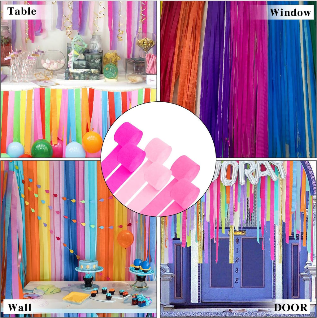 Crepe Paper Streamers - 6 Rolls, 492ft, Pack of 6 Light Pink & Hot Pink Party Streamers for Birthday, Wedding, Baby Shower & Anniversary Decorations (2.37 Inch x 82 Ft/Roll)