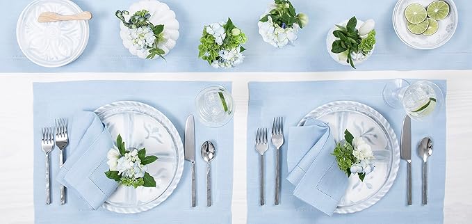 Solino Home Linen Sky Blue Table Runner 60 Inches - Classic Hemstitch, 100% Pure Linen Coffee Table Runner 14 x 60 Inch Ideal for Dresser Tables - Holiday