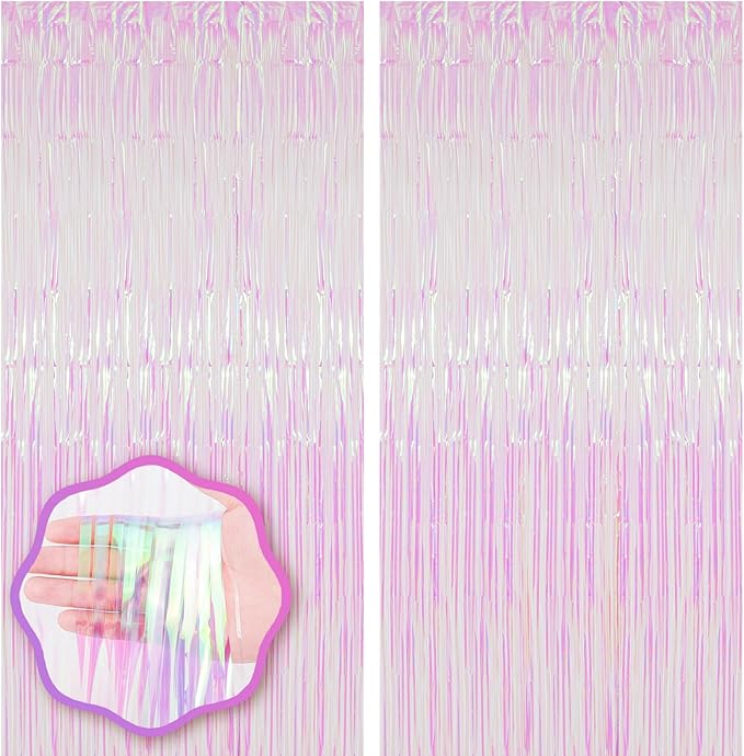 2 Pack Iridescent Transparent Foil Fringe Backdrop Curtains, Tinsel Streamers Birthday Party Decorations, Fringe Backdrop for Graduation, Baby Shower, Gender Reveal, Disco Party