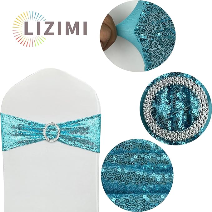 Chair Sashes Sequin Stretch Chair Bands Spandex Polyester Bows for Party Hotel Wedding Banquets Decoration - 6 Pcs Aqua