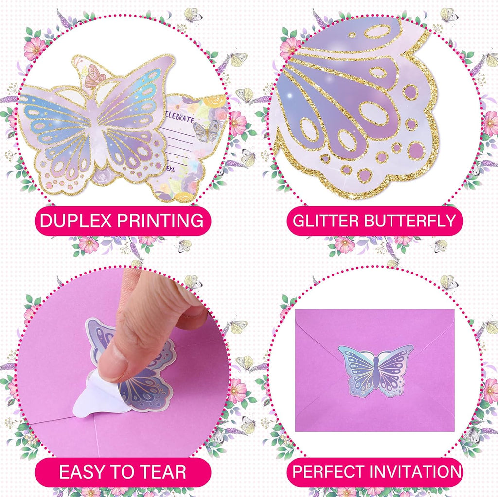 Hotop 24 Sets Butterfly Birthday Invitations with Stickers and Envelopes for Kids Girls, Cute Butterfly Party Invitations Cards for Birthday Baby Shower Party Favors Supplies, 4x6 Inch